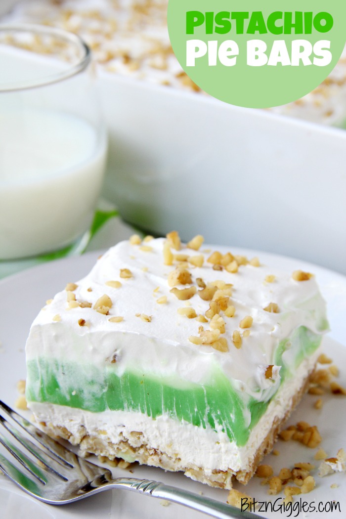 Pistachio Pie Bars - Creamy, four-layer bars with a pie-like crust topped with cheesecake and pistachio deliciousness!