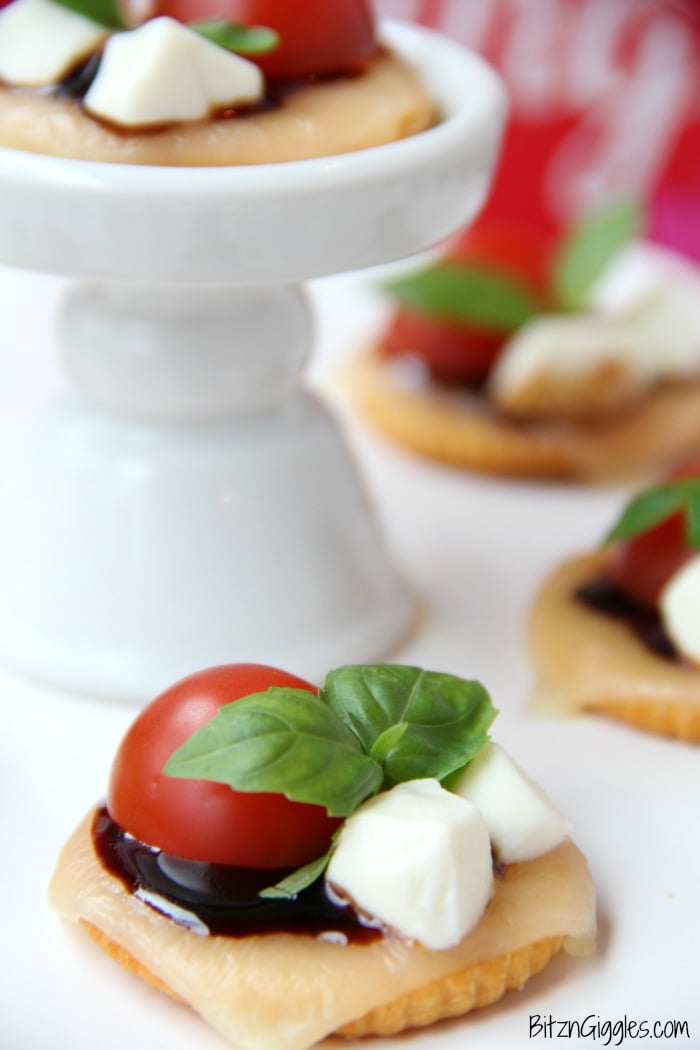 Ritz Cracker Caprese Bites - A 5-ingredient appetizer that's fresh, light and perfect for a party or celebration!