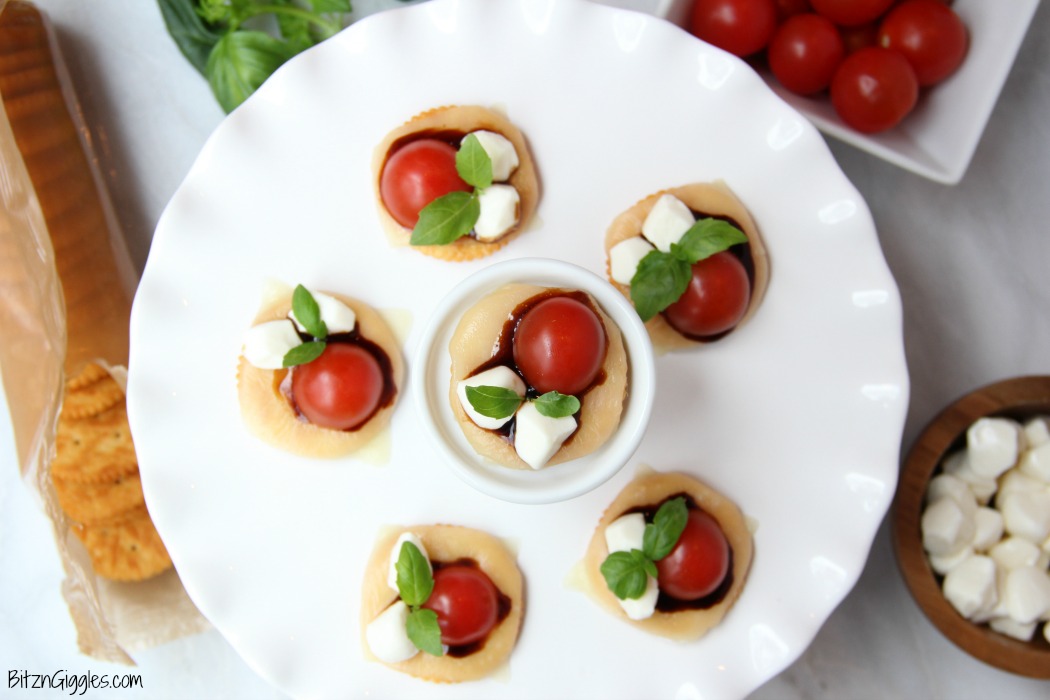 Ritz Cracker Caprese Bites - A 5-ingredient appetizer that's fresh, light and perfect for a party or celebration!