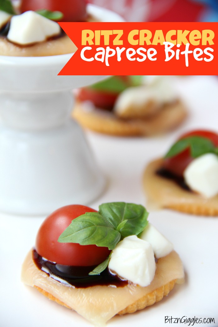 Ritz Cracker Caprese Bites - A 4-ingredient appetizer that's fresh, light and perfect for a party or celebration!