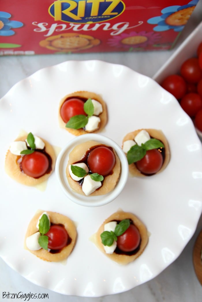 Ritz Cracker Caprese Bites - A 5-ingredient appetizer that's fresh, light and perfect for a party or celebration!