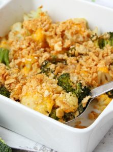 A cheesy cauliflower and broccoli casserole with buttery and golden Ritz cracker crumbs sprinkled over the top.