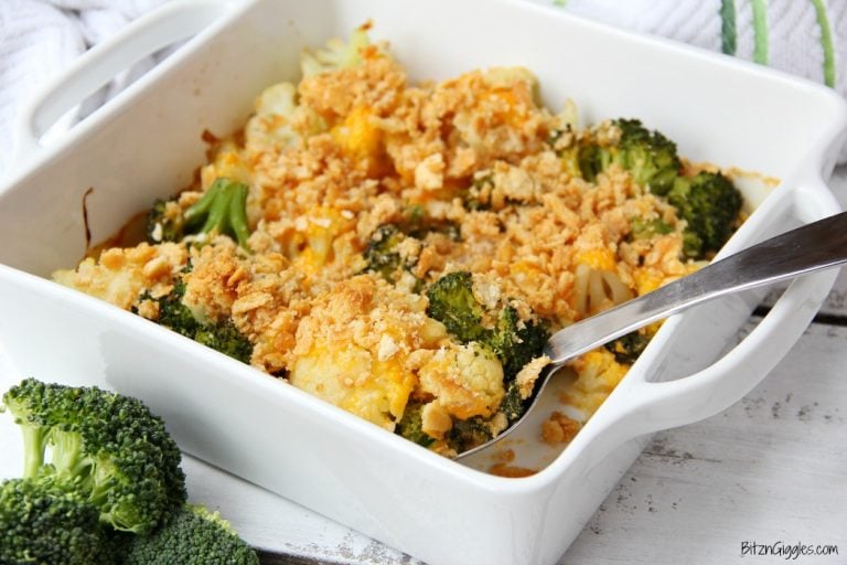 A cheesy cauliflower and broccoli casserole with buttery and golden Ritz cracker crumbs sprinkled over the top.