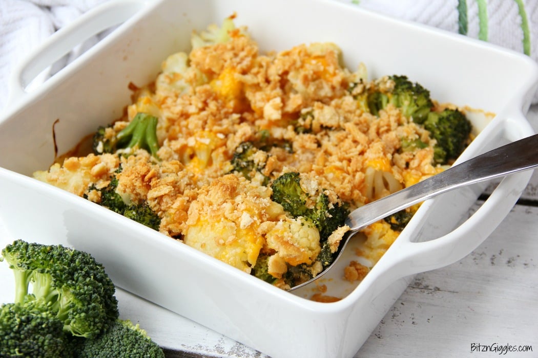 Cheesy Cauliflower and Broccoli Casserole - A cheesy cauliflower and broccoli casserole with buttery and golden Ritz cracker crumbs sprinkled over the top.