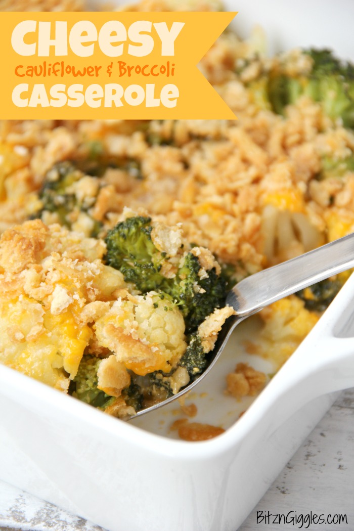 A cheesy cauliflower and broccoli casserole with buttery and golden Ritz cracker crumbs sprinkled over the top.