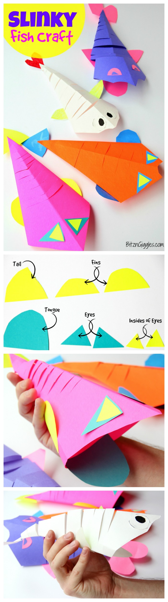 Slinky Fish Craft - All you need is construction paper, scissors and glue stick for this fun and colorful kids craft! The slinky "cut" makes the fish flexible almost like it's swimming!