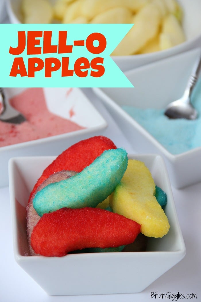 JELL-O Apples - What a fun way to snack on apples! The JELL-O gives the apples a sweetened, tangy kick. Kids love them!