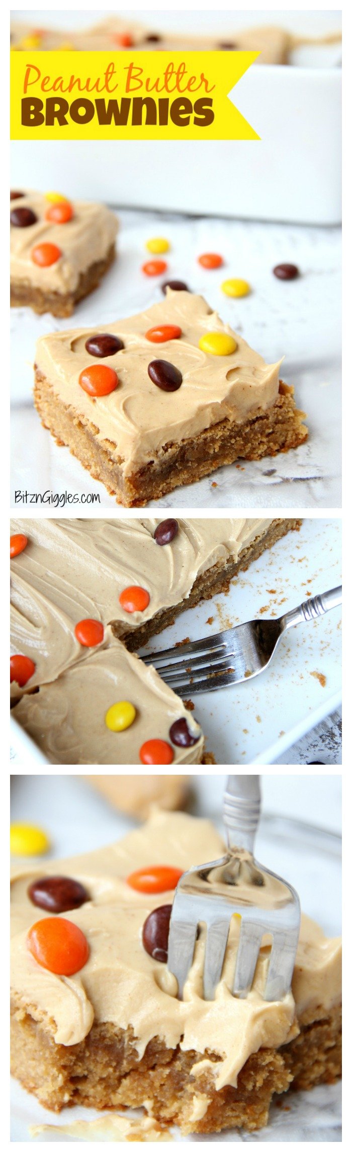 Peanut Butter Brownies - For the peanut butter lovers! Moist, cake-like peanut butter brownies topped with light and fluffy peanut butter frosting!