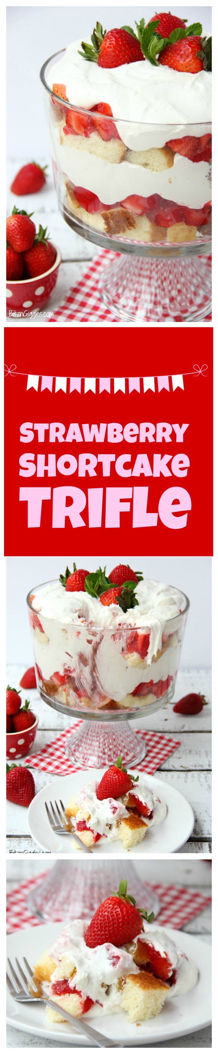 Strawberry Shortcake Trifle - A beautiful and delicious trifle layered with vanilla cake, homemade strawberry glaze and cream! Such a pretty dessert!