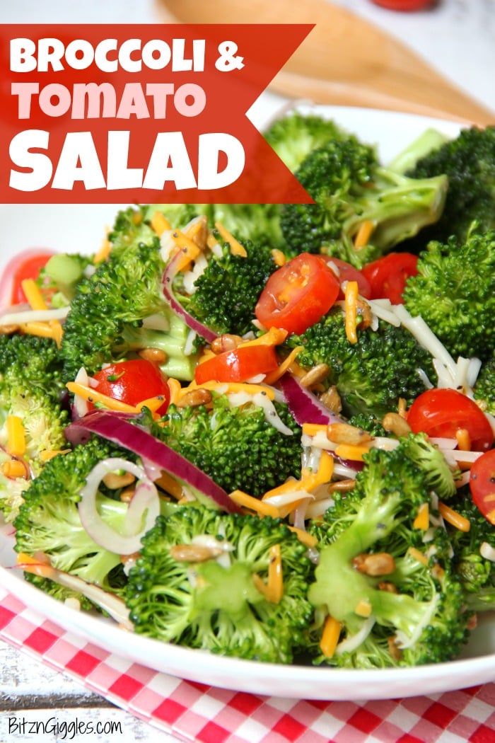 Broccoli and Tomato Salad - Sweet grape tomatoes, red onion, broccoli, cheese and sunflower seeds drizzled with a tangy raspberry vinaigrette.