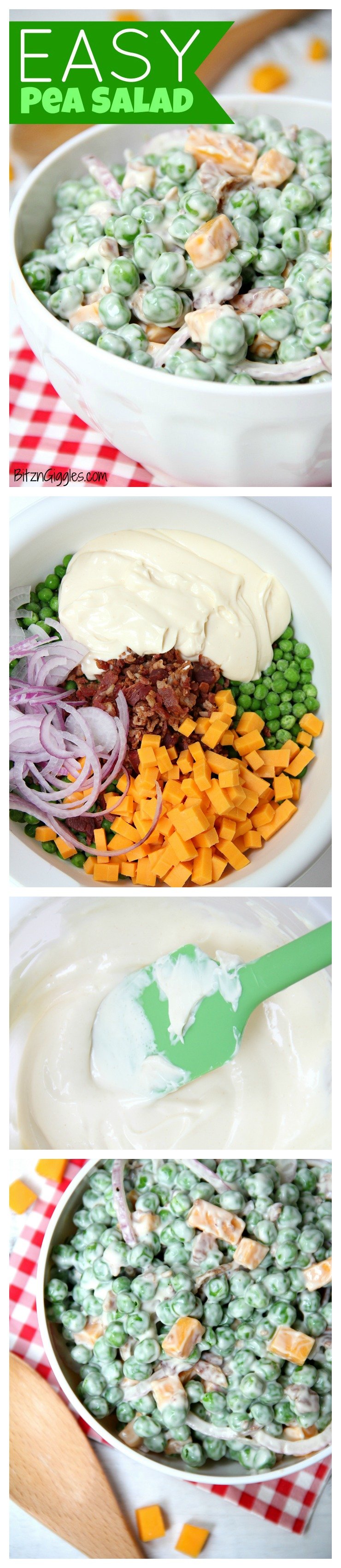 Easy Pea Salad - A summer salad perfect for potlucks and gatherings. Crisp green peas float alongside bacon, cheddar cheese and thinly sliced red onion in a sweet and creamy dressing.