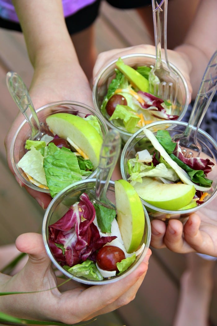 Harvest Salad to Go - A delicious combination of granny smith apples, grapes, cheese, bacon bits and more make this a perfect addition to any party menu! Serve in cups for easy and convenient eating!