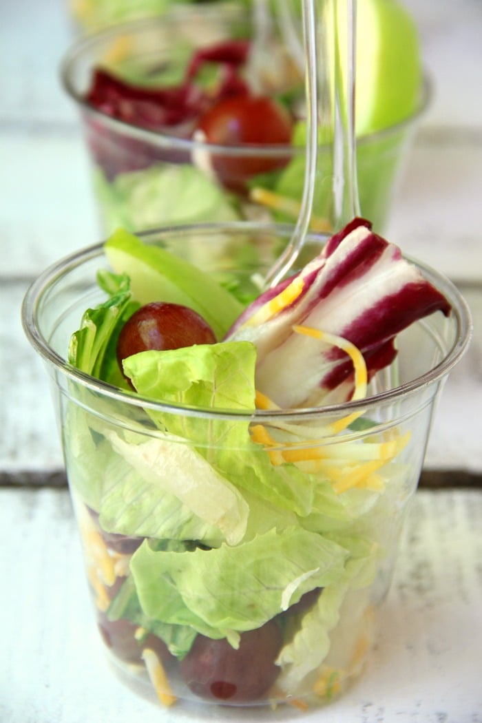 Harvest Salad to Go - A delicious combination of granny smith apples, grapes, cheese, bacon bits and more make this a perfect addition to any party menu! Serve in cups for easy and convenient eating!