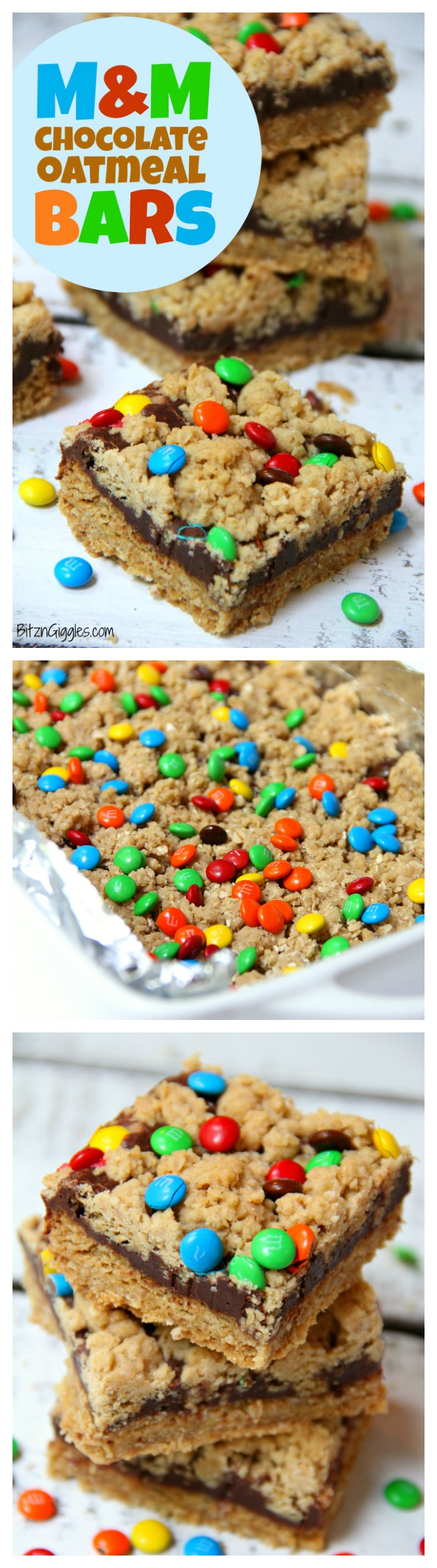 M&M Chocolate Oatmeal Bars - Chewy oatmeal bars with a chocolaty fudge layer, sprinkled with M&Ms.