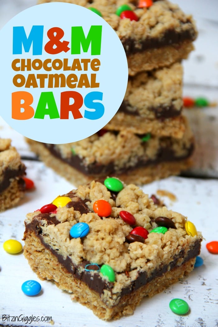 M&M Chocolate Oatmeal Bars - Chewy oatmeal bars with a chocolaty fudge layer, sprinkled with M&Ms.