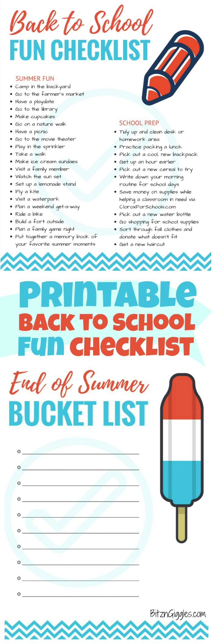 Printable Back to School Fun Checklist - Fun ideas for ending the summer with a bang and easing into the kids' back-to-school schedule.