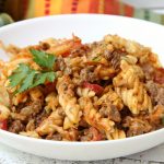 Beefy Pasta Bake - Cheesy beef and noodles topped with crunchy french fried onions!