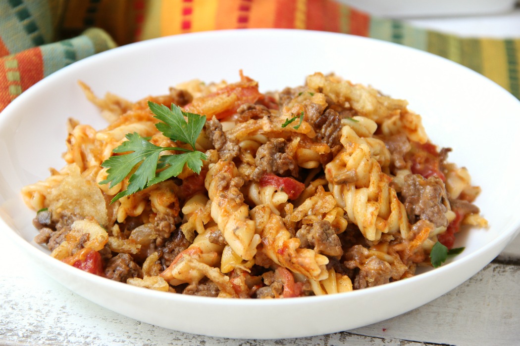 Beefy Pasta Bake - Cheesy beef and noodles topped with crunchy french fried onions!
