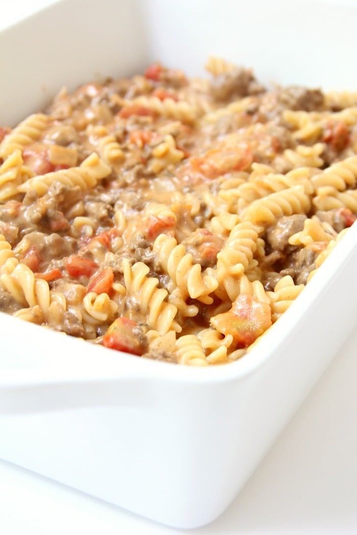 Beefy Pasta Bake - Cheesy beef and noodles topped with crunchy french fried onions!