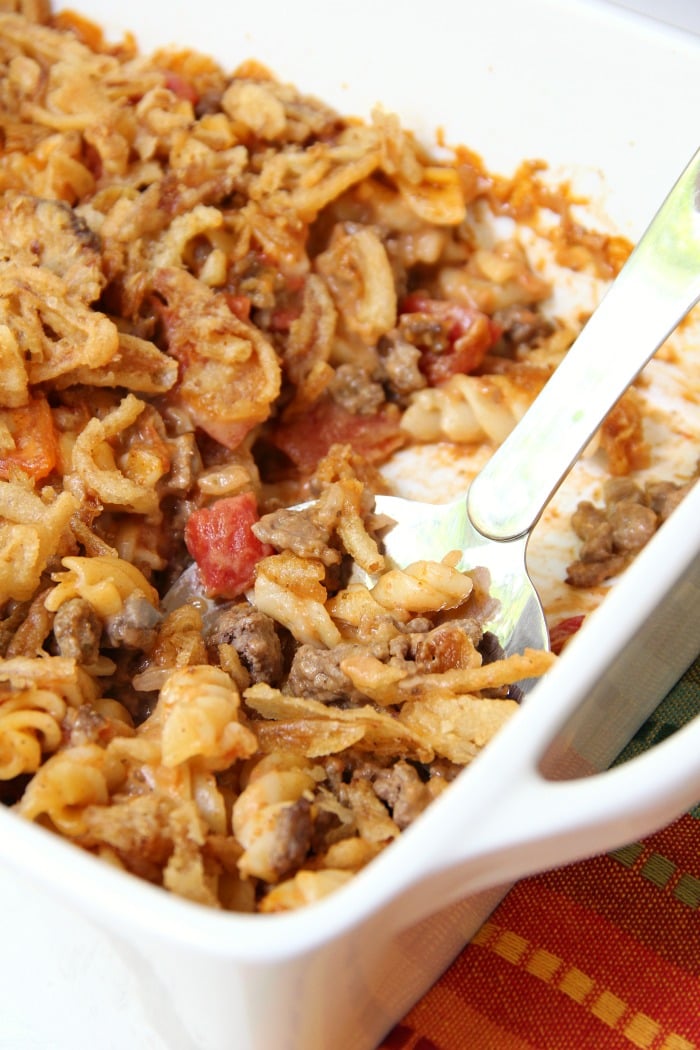 Beefy Pasta Bake - Cheesy beef and noodles topped with crunchy french fried onions!