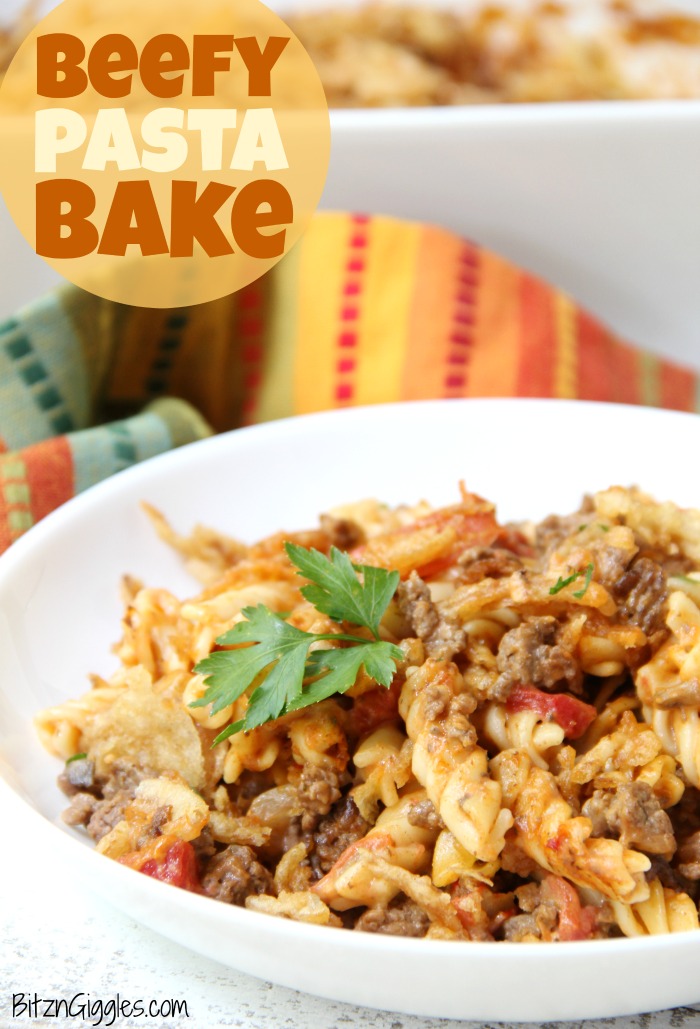 Beefy Pasta Bake - Cheesy beef and noodles topped with crunchy french fried onions! 