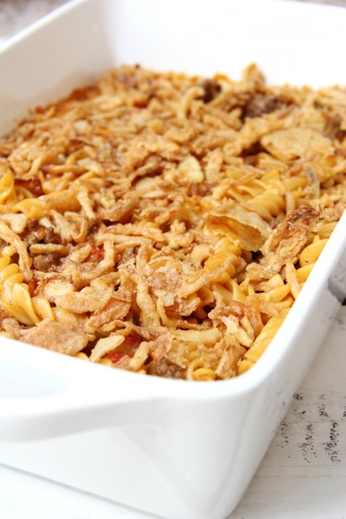 Beefy Pasta Bake - Cheesy beef and noodles topped with crunchy french fried onions!