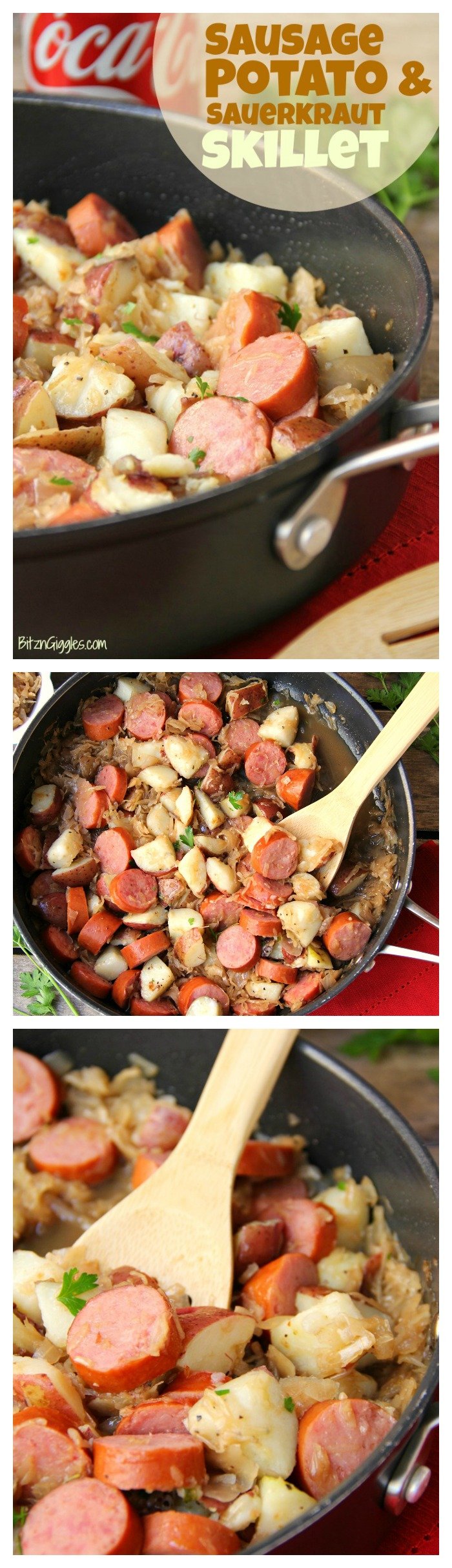 Sausage Potato Sauerkraut Skillet - Kielbasa, potatoes and Coca Cola infused sauerkraut creates a winning combination for a traditional and comforting skillet meal.