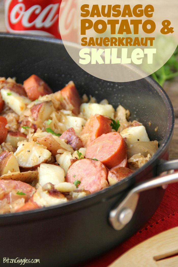 Sausage Potato & Sauerkraut Skillet - Kielbasa, potatoes and Coca Cola infused sauerkraut creates a winning combination for a traditional and comforting skillet meal.