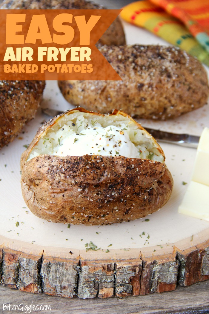 Easy Air Fryer Baked Potatoes - Tender, delicious baked potatoes with a crispy, flavorful skin. You'll never go back to microwaving or baking in the oven again!