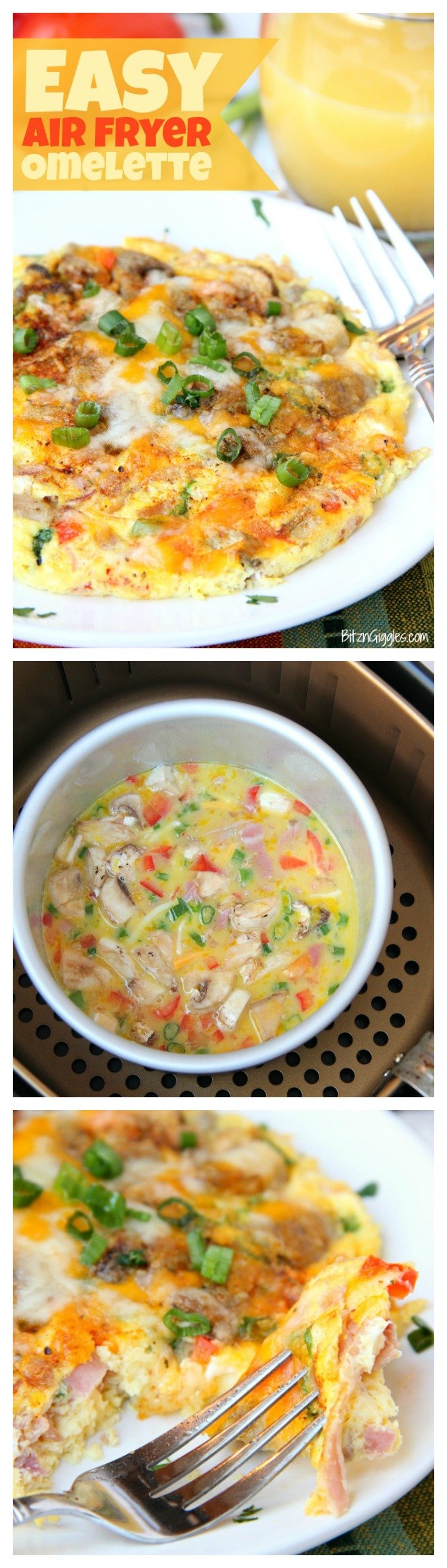 Easy Air Fryer Omelette - Prepared in the air fryer and filled with fresh veggies and cheese, this omelette is delicious and ready in 6 minutes!