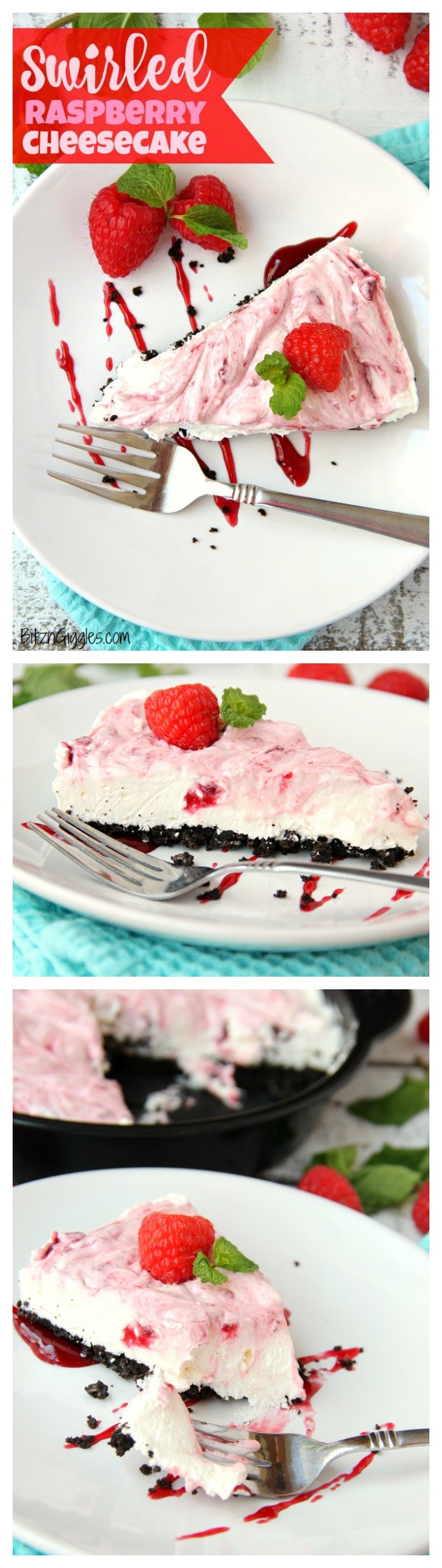 Swirled Raspberry Cheesecake -A fluffy Oreo-crust cheesecake with decadent raspberry swirls.