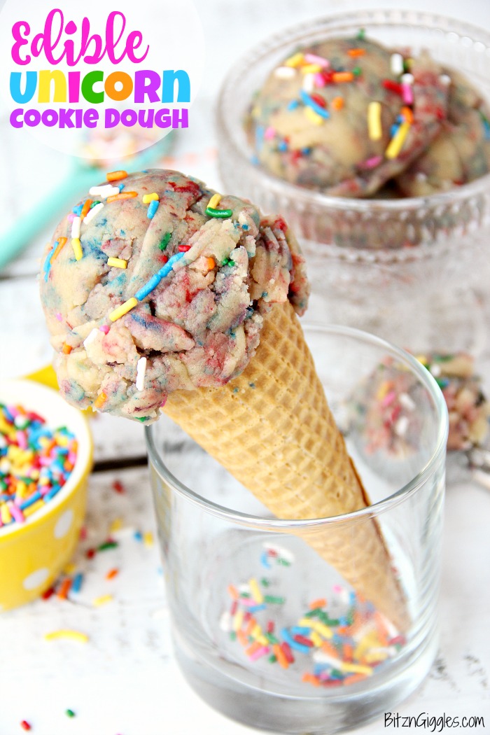 Edible Unicorn Cookie Dough - Looking for a fun, sweet treat that doesn't melt? This edible unicorn cookie dough is an eggless sugar cookie dough filled with colors and sprinkles!