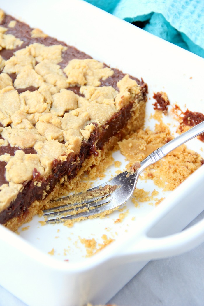Fudge Crumble Bars - Fudge, peanut butter and coconut pecan frosting enveloped by a delicious yellow cake mix crust and crumble topping!