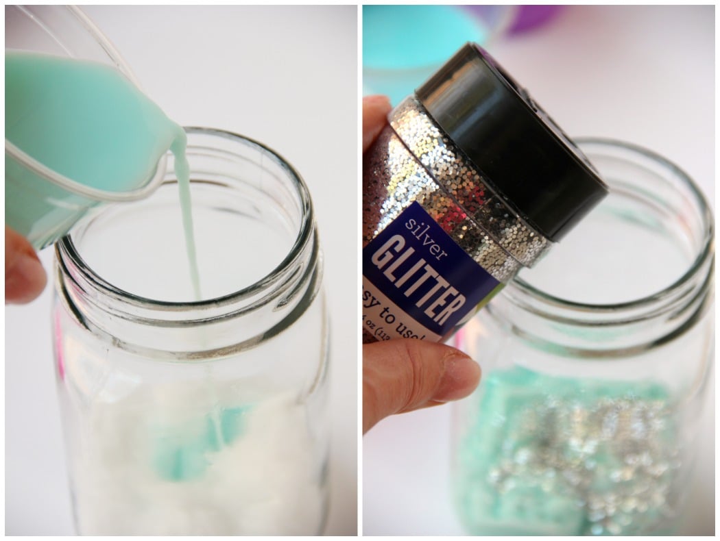 DIY Galaxy Jar -A gorgeous craft for kids, teens or even adults who love color and glitter! Simply layer cotton balls, acrylic paint, water and glitter shapes to create your own galaxy in a jar!