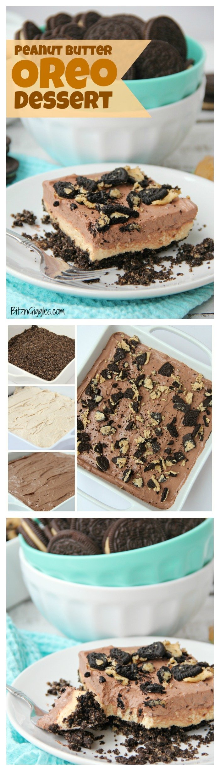 Peanut Butter Oreo Dessert - Fluffy layers of fudge and peanut butter on a Oreo peanut butter cookie crust!