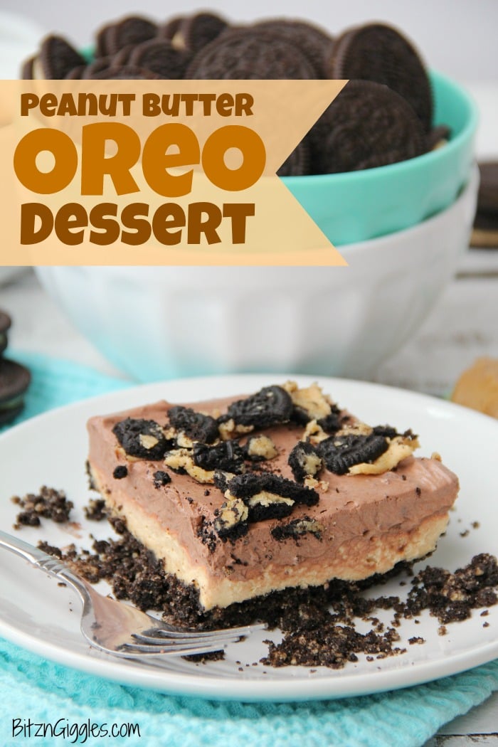 Peanut Butter Oreo Dessert - Fluffy layers of fudge and peanut butter on a Oreo peanut butter cookie crust!