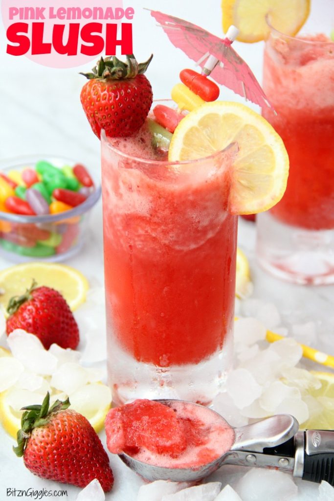 pink lemonade slush with strawberry and lemon garnish