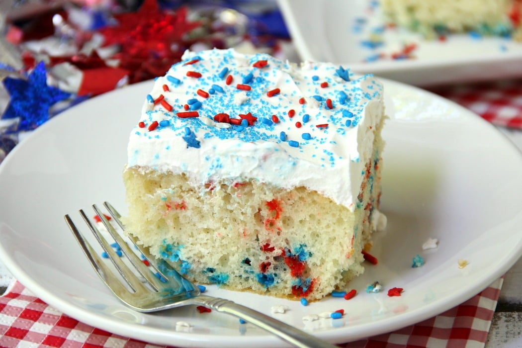 Red White & Blue Funfetti Cake - A simple DIY funfetti cake made with a box cake mix and sprinkles! So easy and perfect Memorial Day and 4th of July!