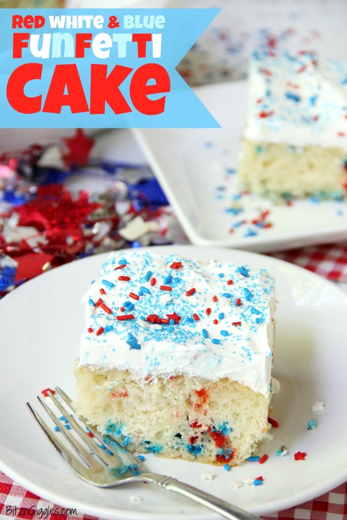 Red White & Blue Funfetti Cake - A simple DIY funfetti cake made with a box cake mix and sprinkles! So easy and perfect for Memorial Day and 4th of July!