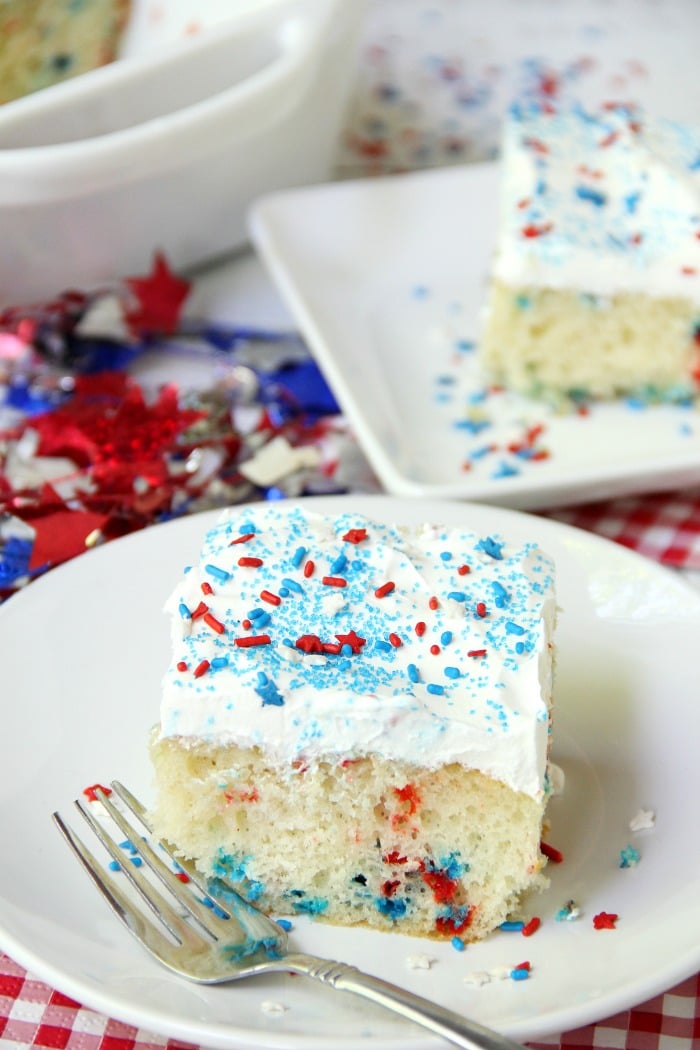 Red White & Blue Funfetti Cake - A simple DIY funfetti cake made with a box cake mix and sprinkles! So easy and perfect Memorial Day and 4th of July!