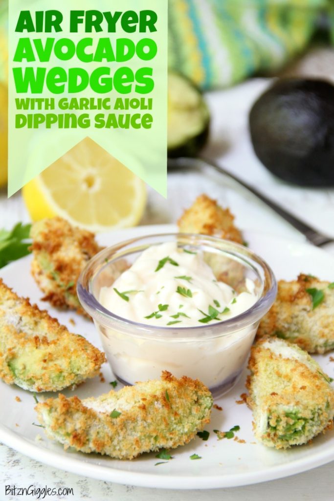 Air Fryer Avocado Wedges With Garlic Aioli Dipping Sauce - Perfectly golden and ready to eat in under 10 minutes, these crunchy avocado wedges are delicious when paired with this creamy garlic aioli dipping sauce!