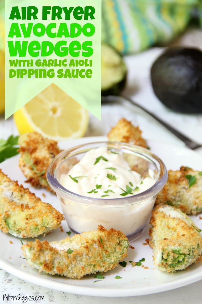 Air Fryer Avocado Wedges With Garlic Aioli Dipping Sauce - Perfectly golden and ready to eat in under 10 minutes, these crunchy avocado wedges are delicious when paired with this creamy garlic aioli dipping sauce! #airfryer #avocado #appetizer #aioli