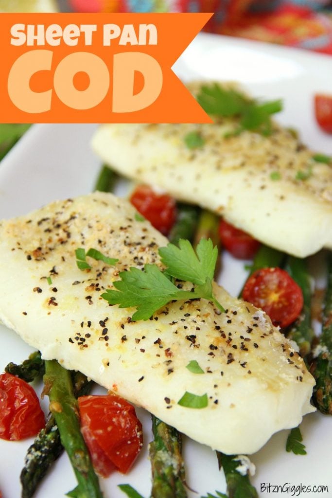 Sheet Pan Cod - A simple one-sheet recipe that features light, flaky cod alongside colorful asparagus and tomatoes. Lemon pepper, fresh lemon juice and grated Parmesan cheese top off the dish.