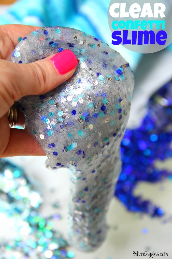 Clear Confetti Slime - Easy recipe for clear slime! Add confetti and foil stars to give it color and make it sparkle. So pretty!