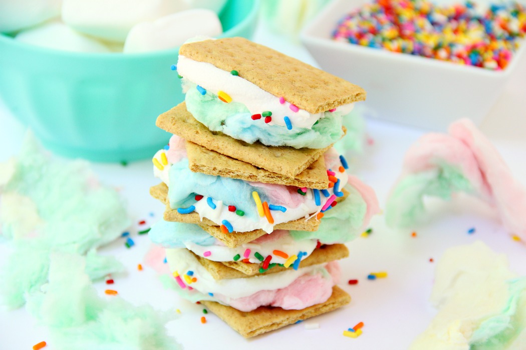 Cotton Candy S'mores - Cotton candy, white chocolate and sprinkles steal the show in this delicious and sweet spin on the traditional s'more!