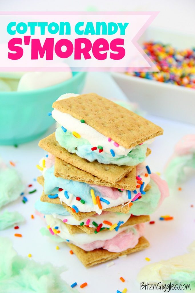 Cotton Candy S'mores - Cotton candy, white chocolate and sprinkles steal the show in this delicious and sweet spin on the traditional s'more!