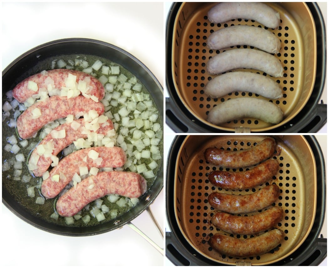 Air Fryer Beer Brats - Brats boiled in beer and onions and then air fried to perfection!