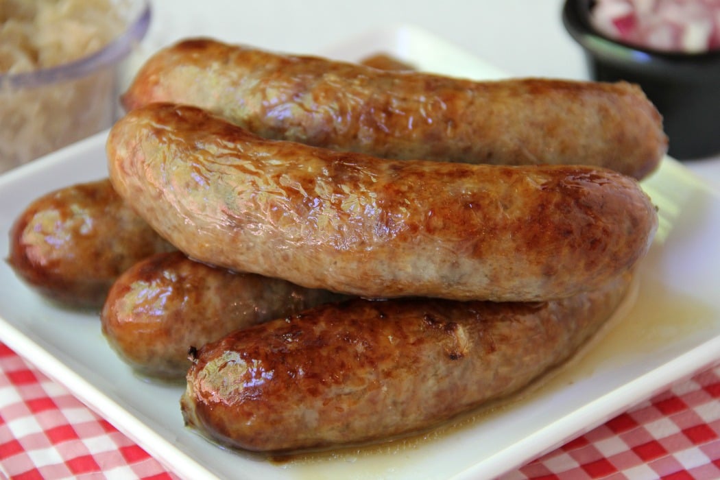 Air Fryer Beer Brats - Brats boiled in beer and onions and then air fried to perfection!