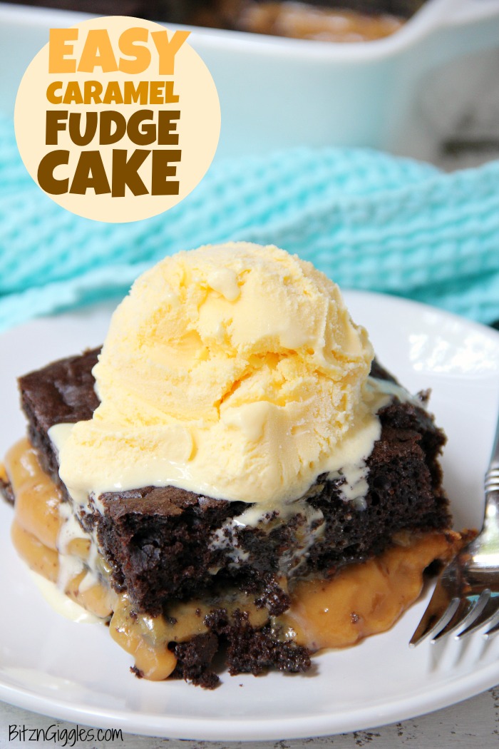 Easy Caramel Fudge Cake - An easy chocolate fudge cake filled with gooey melted caramel. No frosting required! Serve warm with a scoop of vanilla ice cream! Sooo good!
