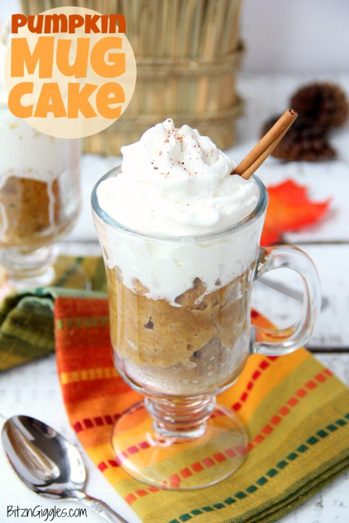 Pumpkin Mug Cake - A quick and easy microwave pumpkin mug cake. Topped with whipped cream and a cinnamon stick, this is the ultimate simple fall dessert!